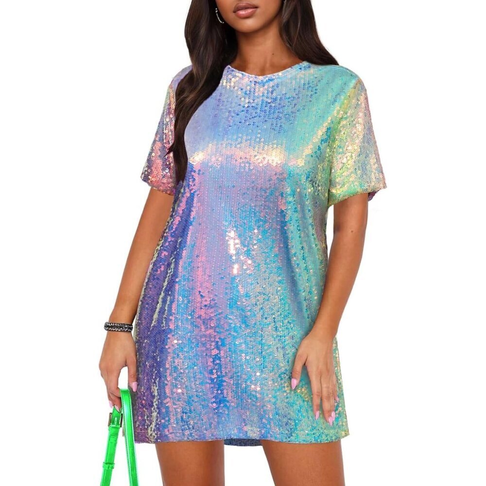 Women's Sequin T Shirt Dress Polyester Spandex Short Sleeve Glitter Party